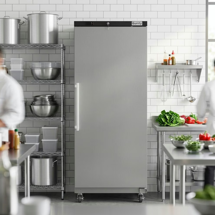 A tall metal reach-in refrigerator in a busy commercial kitchen. The front door of the refrigerator is closed.