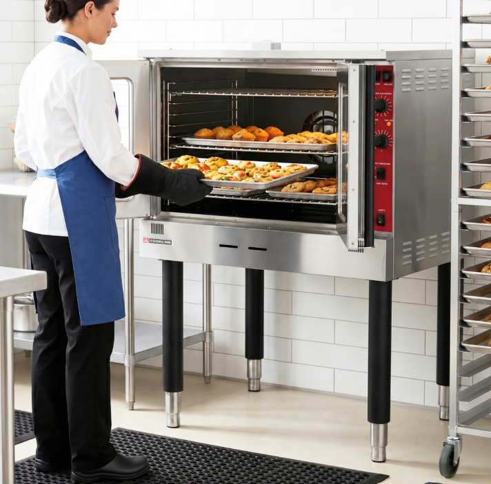 A chef placing a metal tray full of food inside a commercial convection oven. Three other pans of food are on the racks.