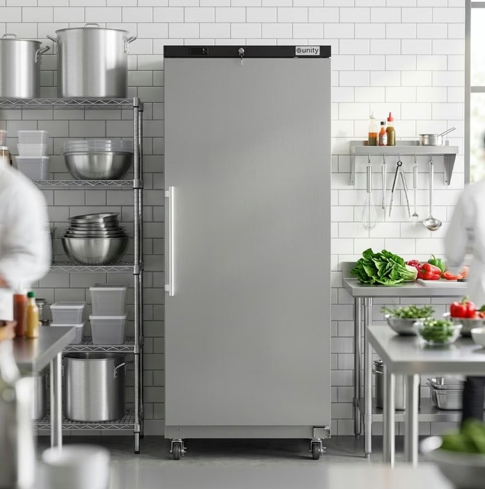 Two chefs at metal prep stations in a commercial kitchen. A large metal refrigerator sits at the back of the room.