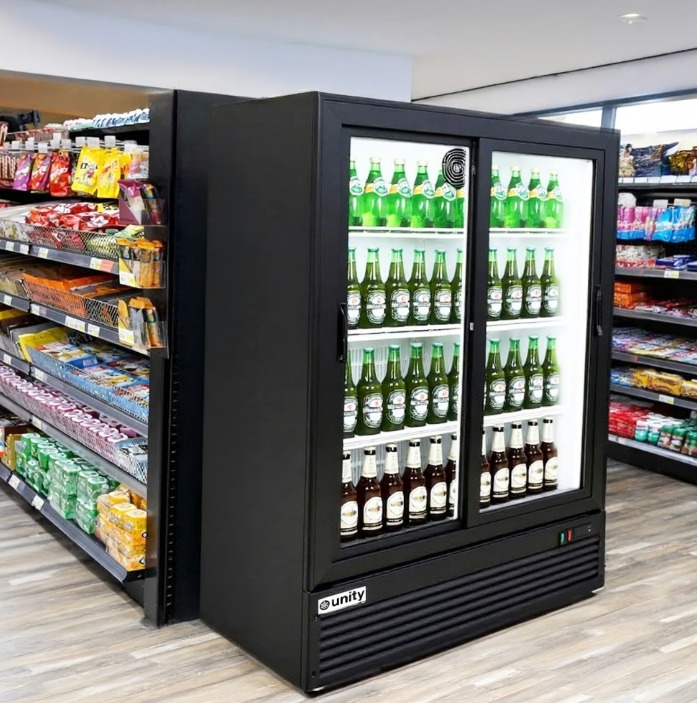 A large, double-door, reach-in refrigerator full of green glass beer bottles in the middle of a shop.